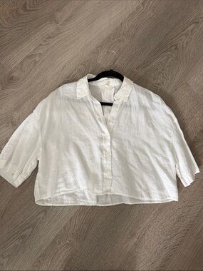 H&M Cropped White Linen Button-Front Shirt
